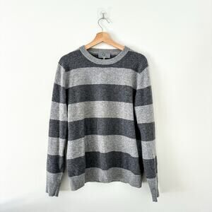 Qi Cashmere Striped Long Sleeve Pullover Sweater Gray M